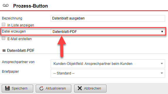 Screenshot Anlagemaske eines Prozess-Buttons mit Markierung der ausgewählten Option "Datenblatt-PDF" in der Eingabezeile "Datei erzeugen"