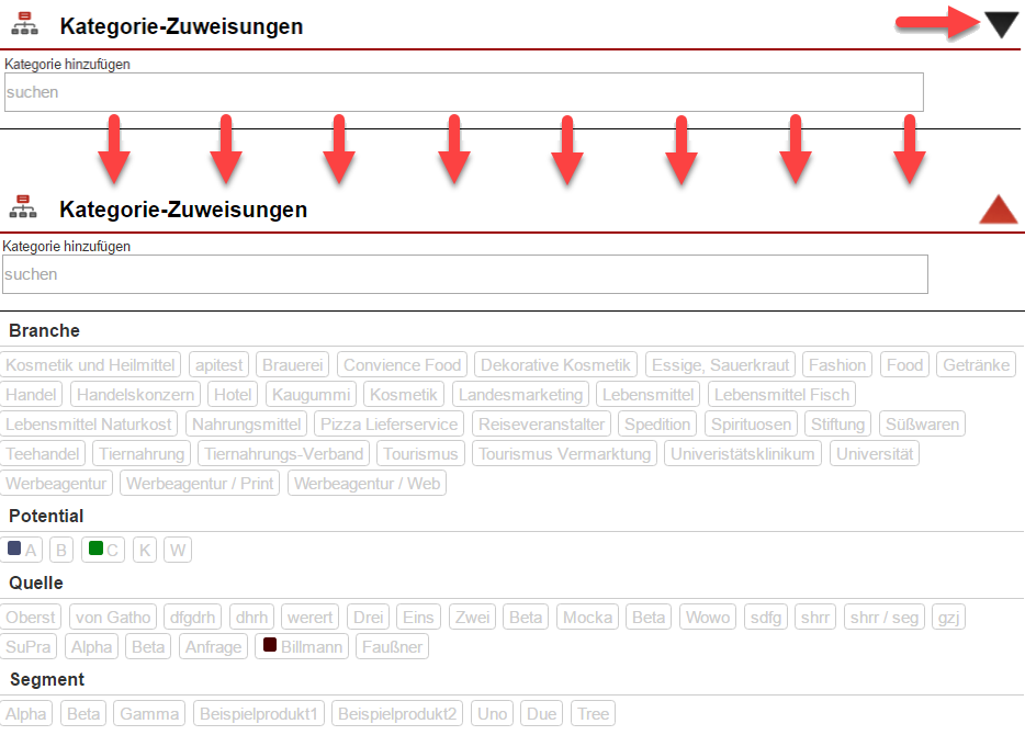 Screenshot Kategoriezusweisungsmenü ein- und ausgeklappt.