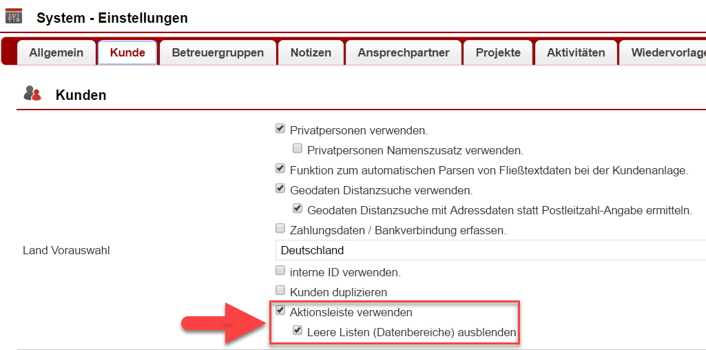 Screenshot Einstellungsmenü mit markierten aktivierten Optionen "Akitionsliste verwenden" und "Leere Listen ausblenden"