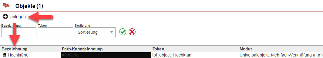 Screenshot Fenster "Objekte" innerhalb des Menüs Einstellungen mit Markierungen bei "Anlegen" und der Bezeichnungen des Objekts.
