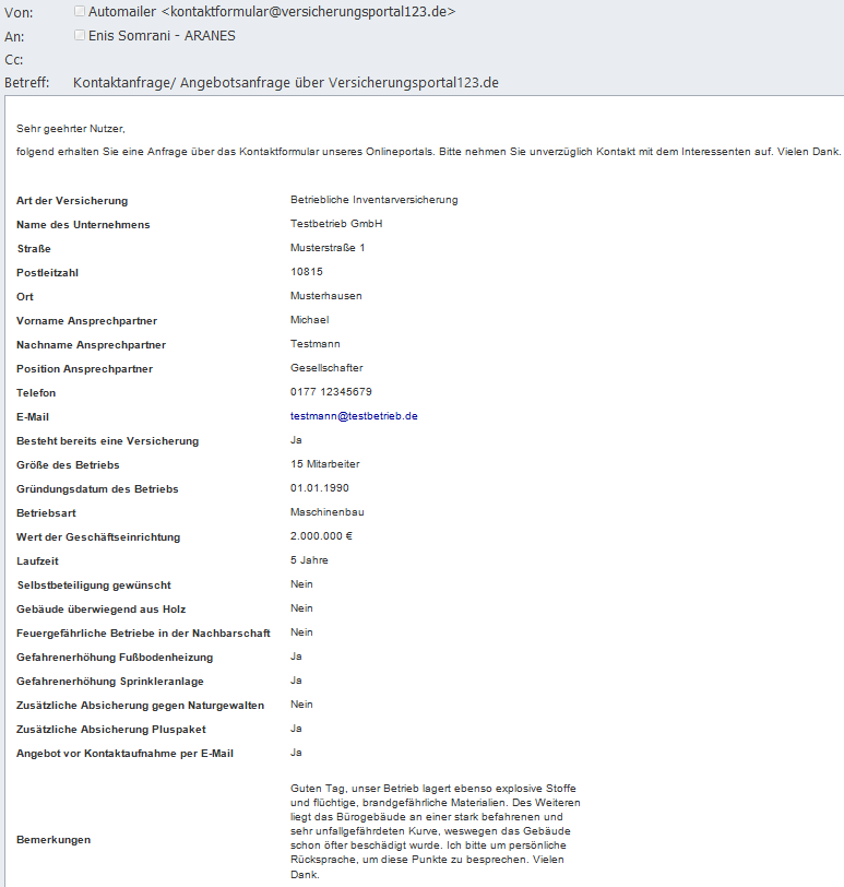 Screenshot E-Mail mit Lead-Daten