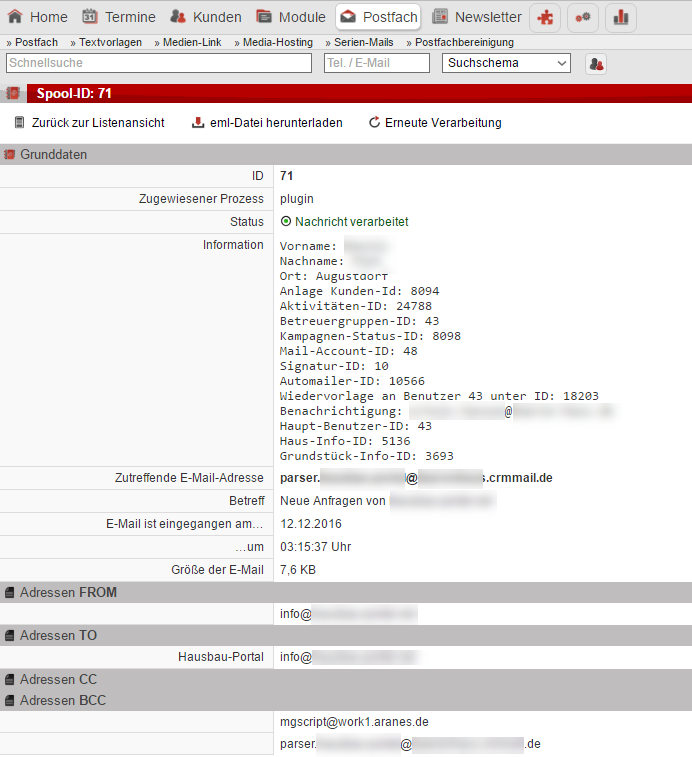 Screenshot Fenster mit Informationen, die den System zur Lead-Verarbeitung dienen