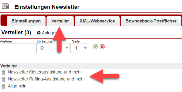 Screenshot Einstellungsfenster Newsletterverteiler mit Markierungen auf dem Reiter "Verteiler" und verschiedenen angelegten Verteilern