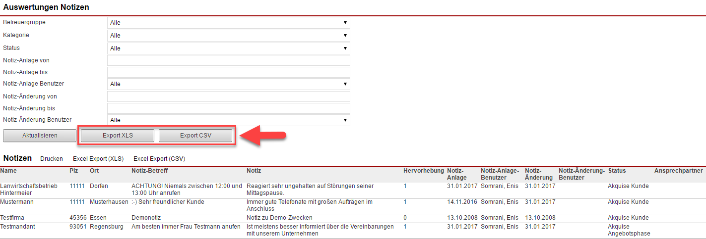 Screenshot Notizstatistik mit Markierung der Exportmöglichkeiten