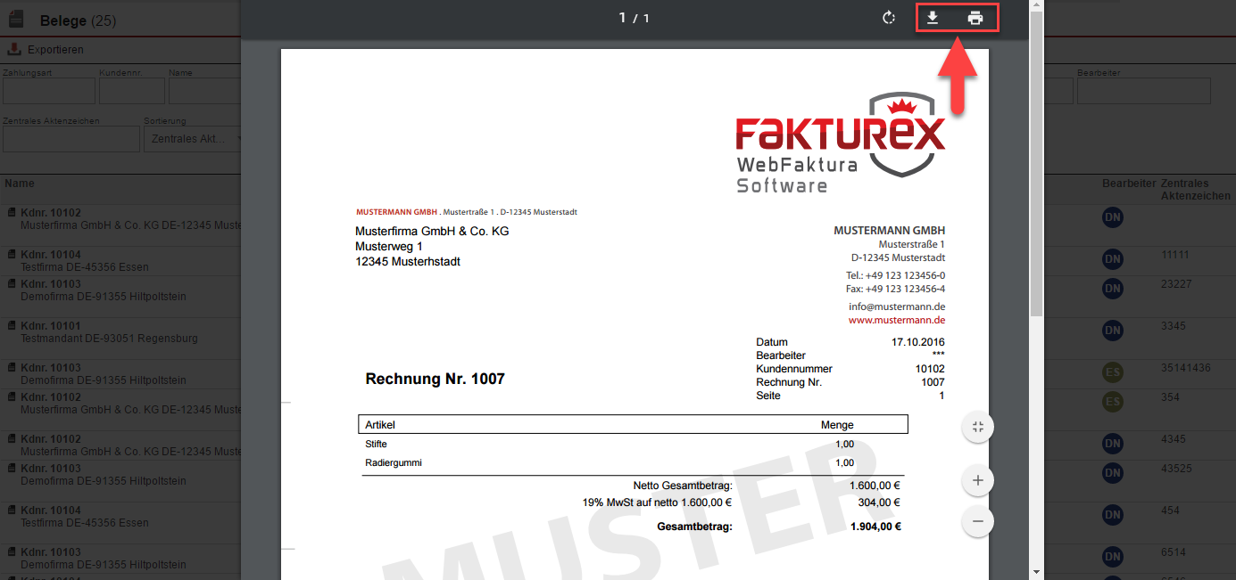 Screenshot PDF-Ansicht eines Belegs mit Markierung der Download- und Druckoption.