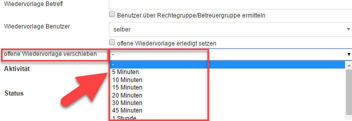 Screenshot Maske zur Prozess-Button-Erstellung mit Markierung der Einstellungen der Funktion zum Weiterschieben von Wiedervorlagen.