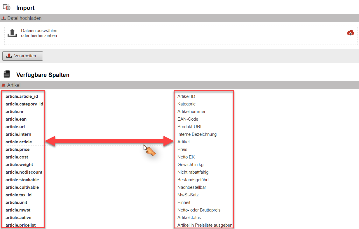 Screenshot Importfenster mit Markierung der zum Import nötigen Spaltenbenennungen