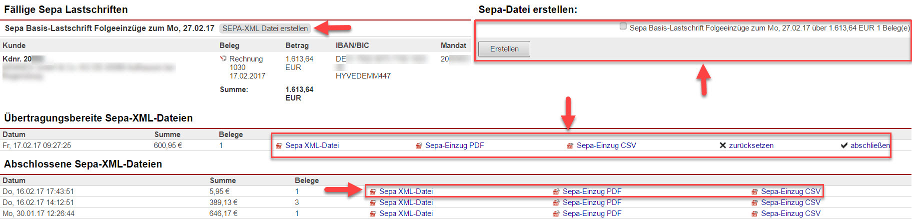 Screenshot SEPA-Lastschriftenübersicht mit Markierung verschiedener Bereiche