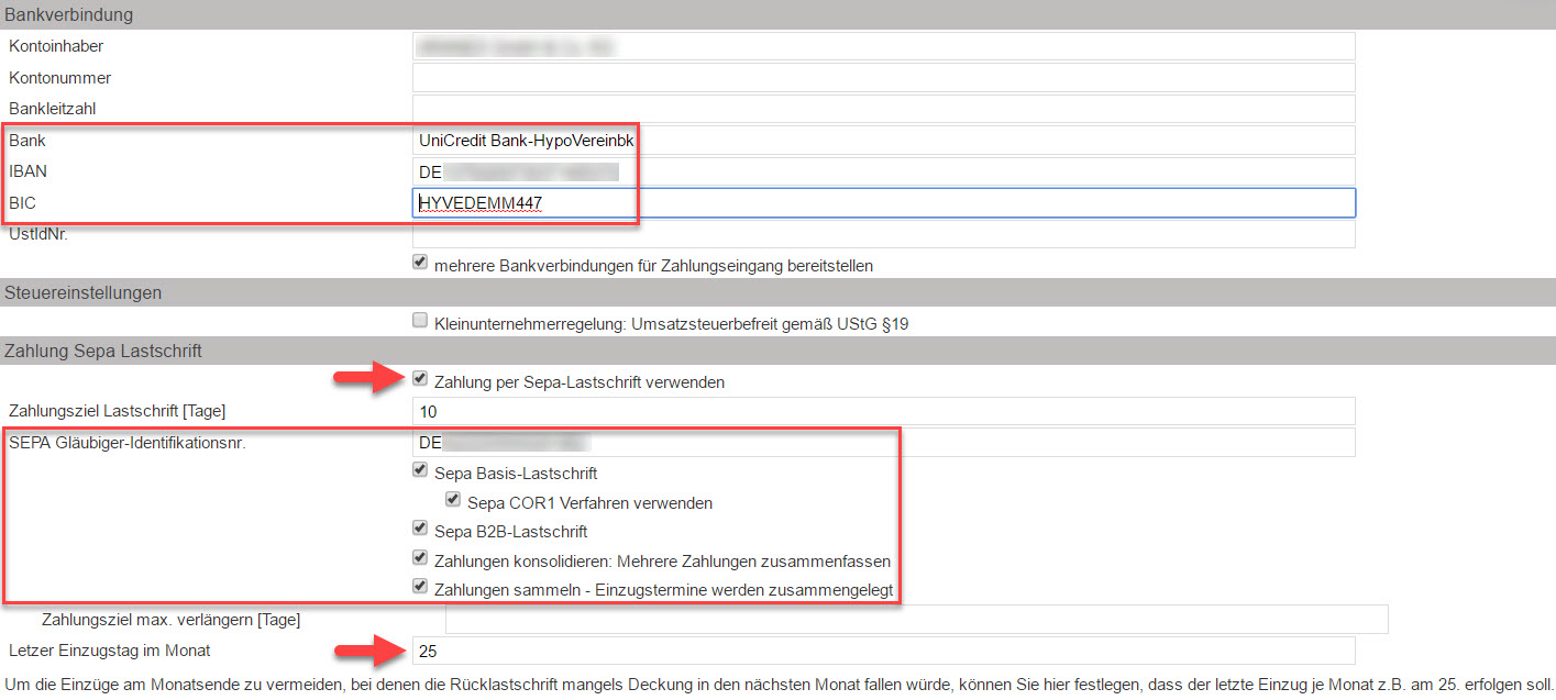 Screenshot Fakturaeinstellungen zur Verwendung von SEPA-Lastschriften mit Markierungen bei verschiedenen Bereichen