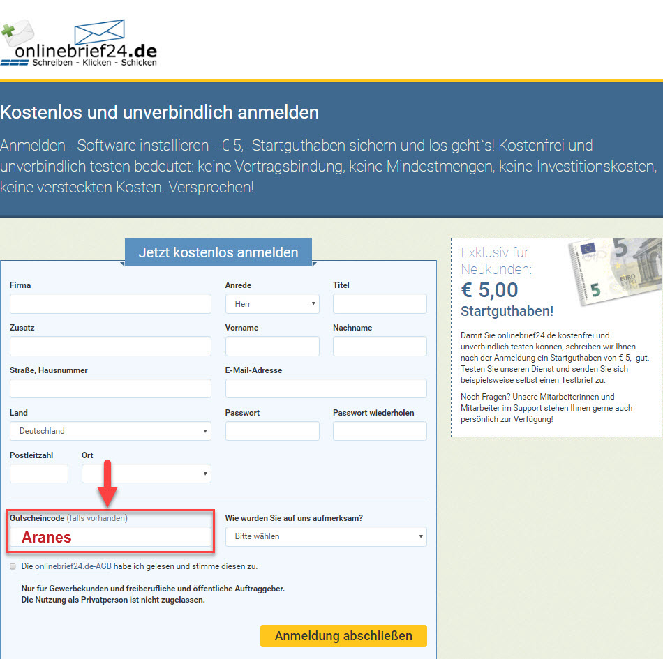 Screenshot Registrierungsformular von Onlinebrief24.de mit Markierung des Gutscheinfelds und dem darin befindlichen Eintrag "ARANES"