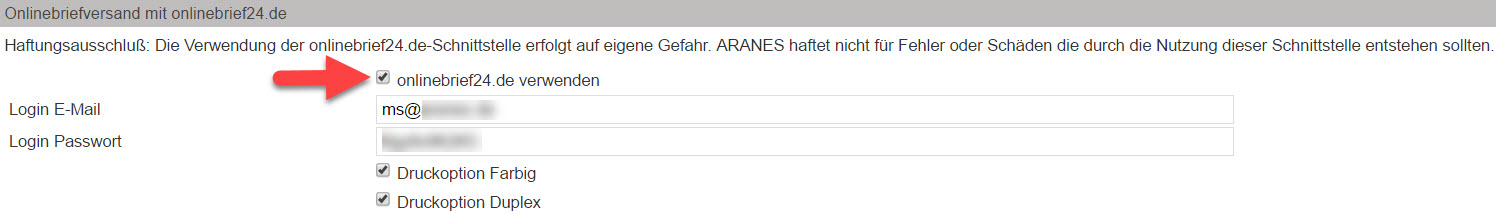 Screenshot Fenster zum Einrichten der Schnittstelle mit Onlinebrief24.de