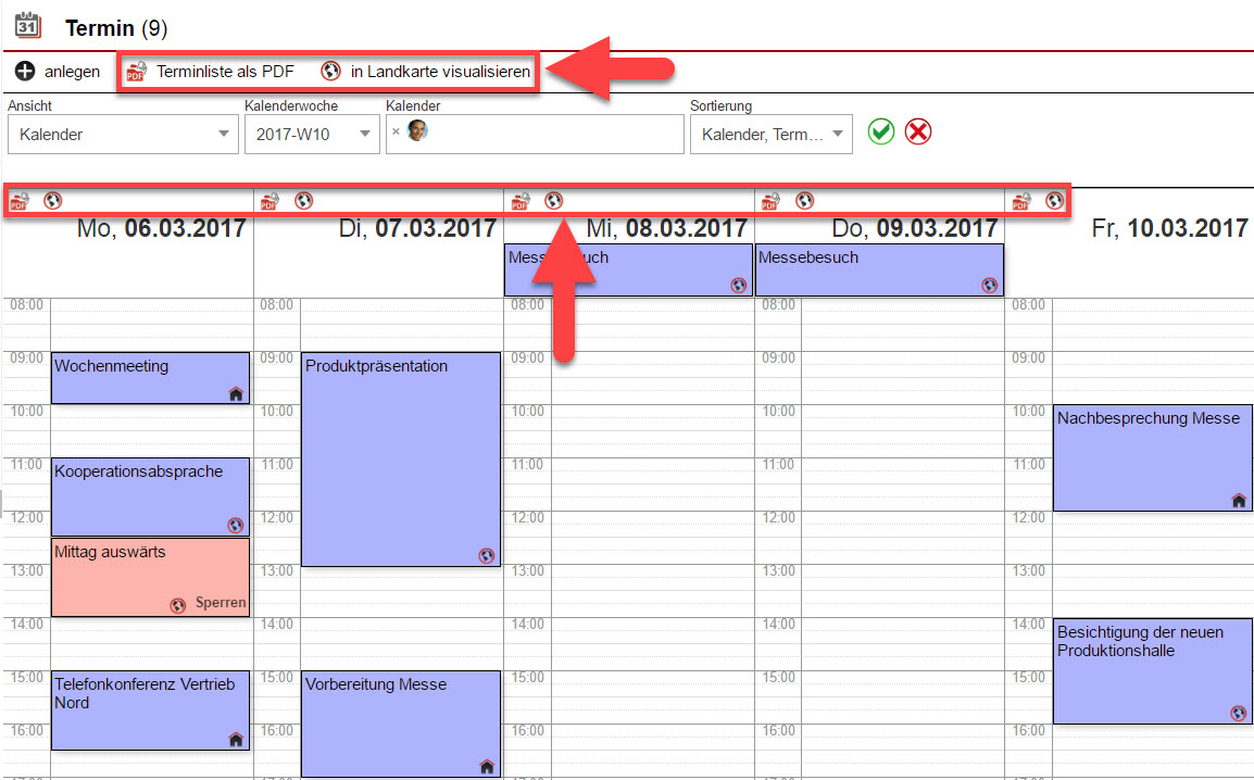 Screenshot Kalenderübersicht mit Markierungen auf den neuen Funktionen "In Landkarte visualisieren" und "Terminliste als PDF"