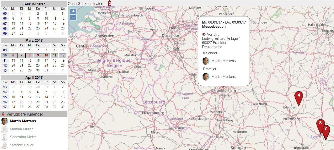 Screenshot Fenster zur Visualisierung von Terminen in der Landkarte