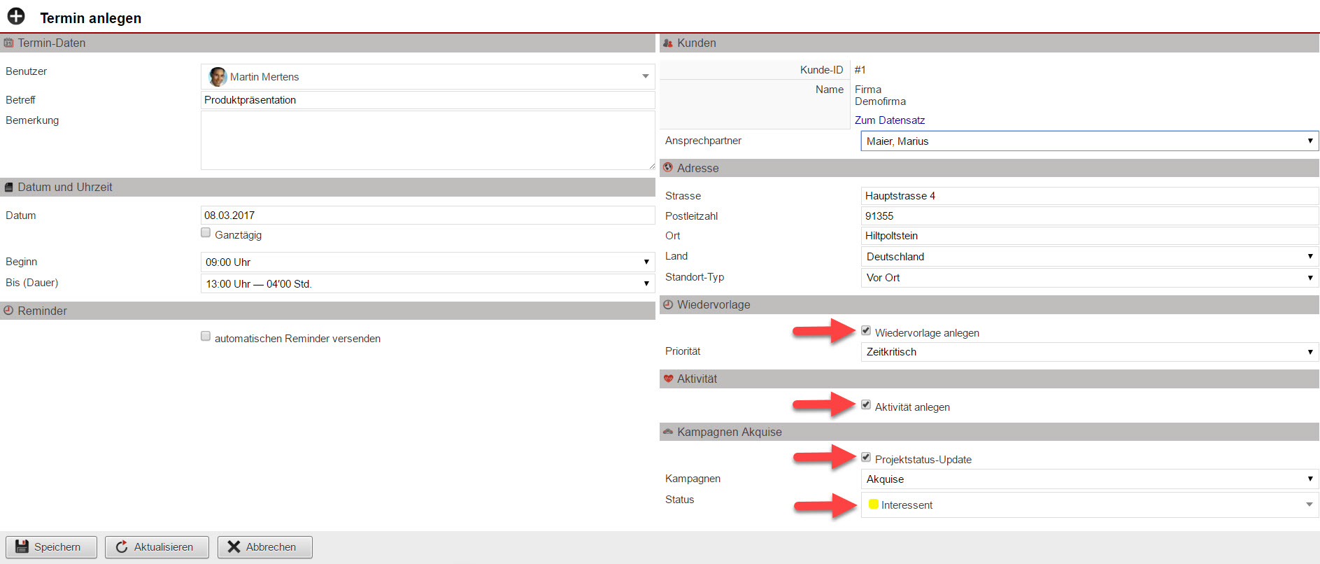 Screenshot Terminanalgenmaske mit Markierung der neuen Optionen zum Anlegen von Wiedervorlagen und Aktivitäten, sowie zum Status-Update