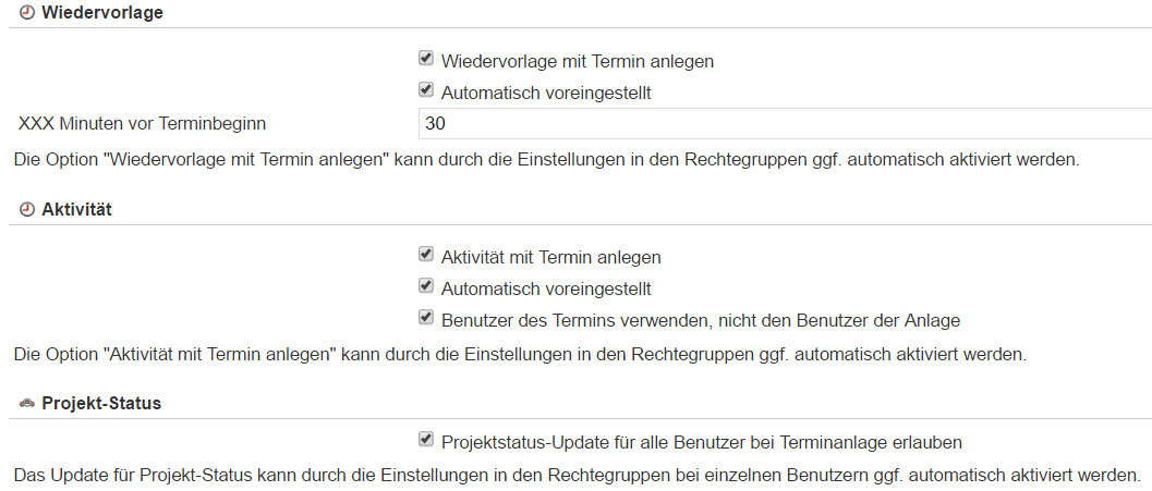 Screenshot Einstellungsbereich für die neuen Optionen innerhalb der Anlagemaske eines Termins