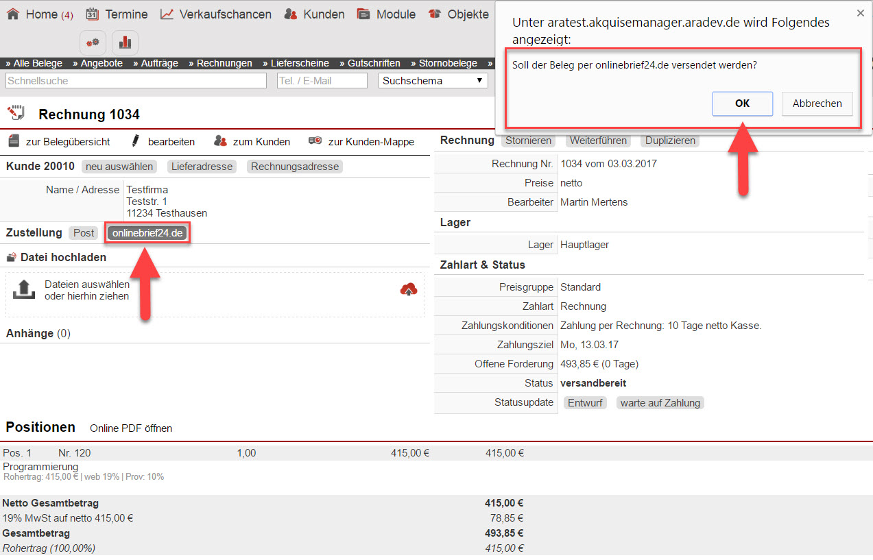 Screenshot Belegerstellungsmaske mit Markierungen u. A. beim Button zum Versand über onlinebrief24.de