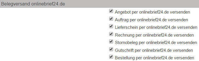 Screenshot Fenster mit Einstellungen zum Versand von Belegen über onlinebrief24.de