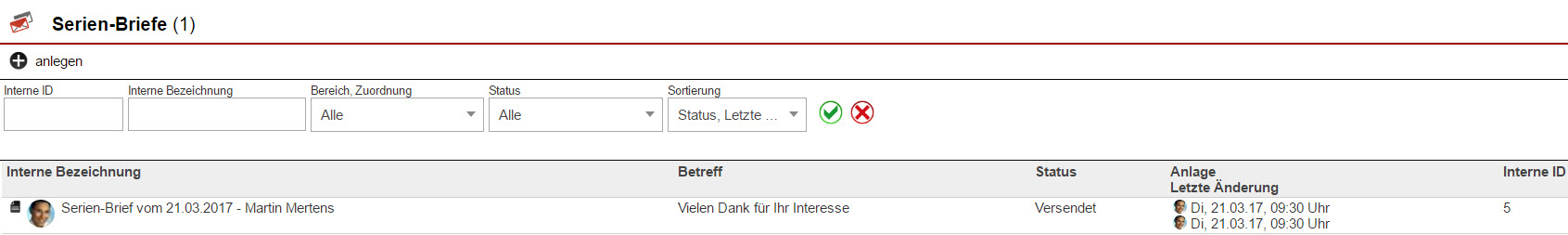 Screenshot Übersicht von bisher erstellten Serienbriefen