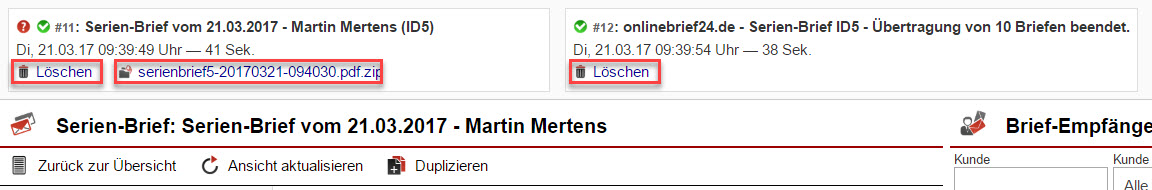 Screenshot der Anzeigen über den Bearbeitungsstatus eines Versandauftrags mit Markierungen auf 2 Schaltflächen