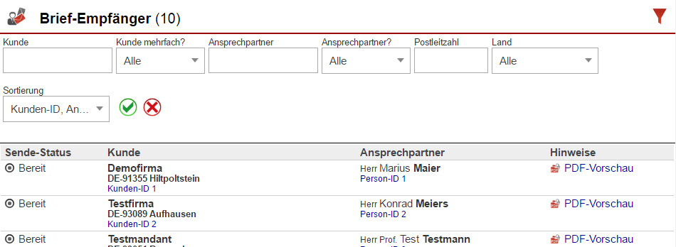 Screenshot der Empfängerliste nach erfolgtem Versand