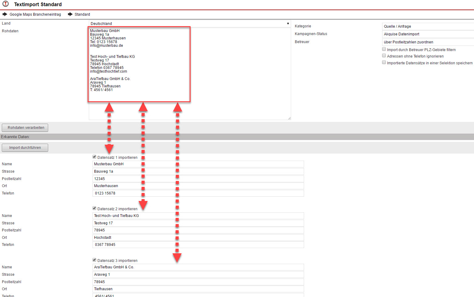 Screenshot Standard-Textimport-Maske