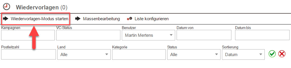 Screenshot Wiedervorlagenfenster mit Markierung des Buttons "Wiedervorlagen-Modus starten"