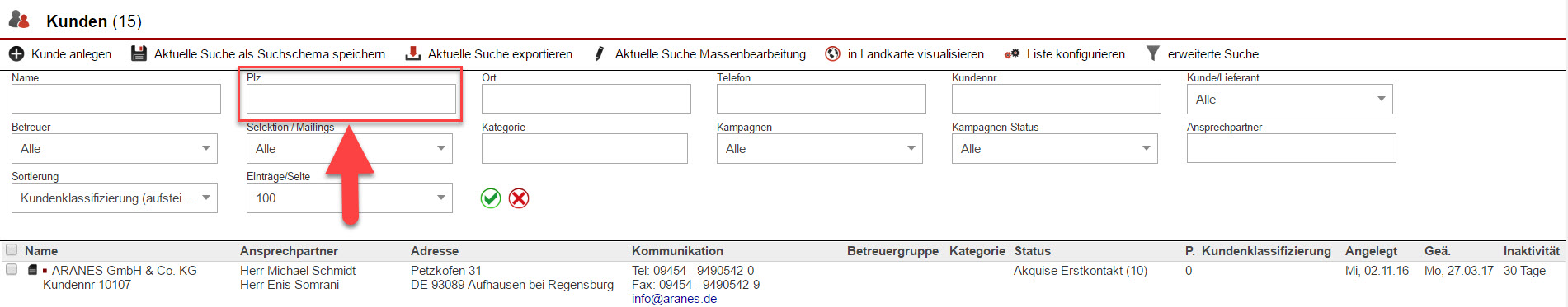 Screenshot Kundensuchmaske mit markierter Postleizahleneingabe