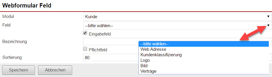 Screenshot Webformuar-Einstellungsmaske mit Markierung des Eingabebereichs "Feld"