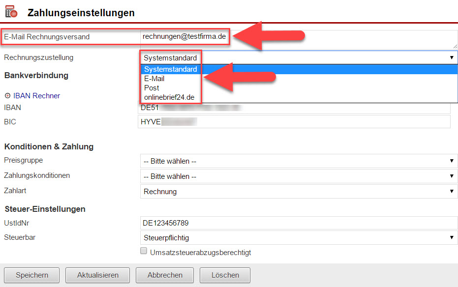 Screenshot Fenster Zahlungseinstellungen mit Markierungen bei der Eingabezeile "E-Mail-Rechnungsversand" und dem Auswahlfeld "Rechnungszustellung"