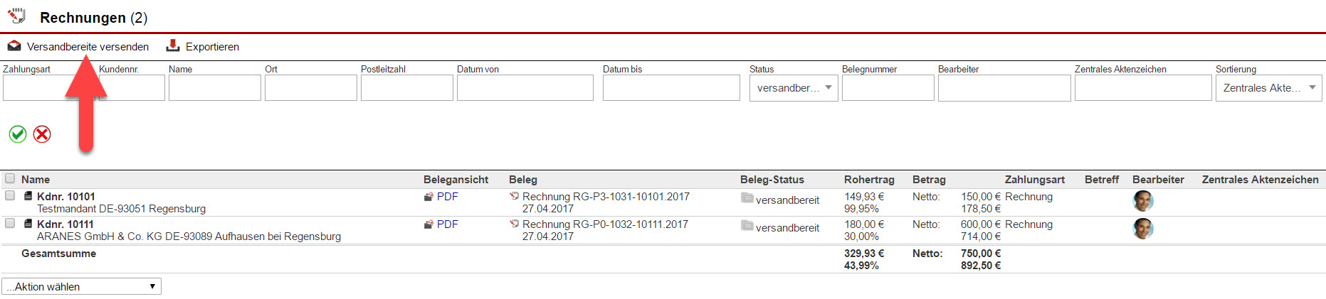 Screenshot Fenster Rechnungen mit markiertem Button "Versandbereite versenden"