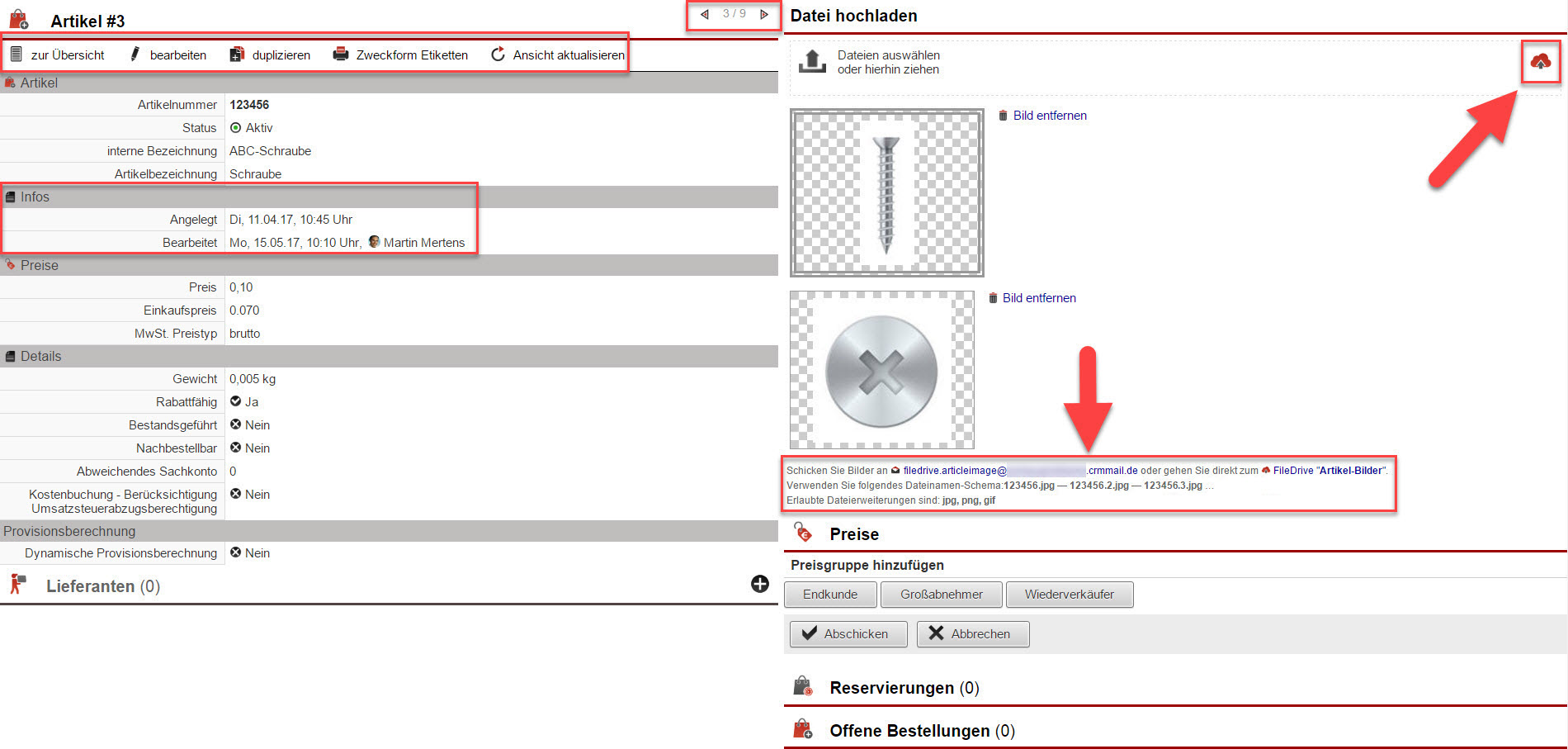 Screenshot Artikelstammdatenansicht mit Markierungen bei neuen und optisch überarbeiteten Punkten