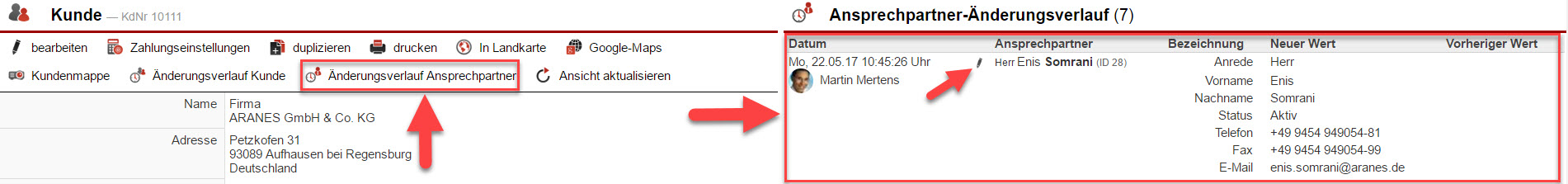 Screenshot Kundenstammdatenmaske mit Markierung auf den Button "Änderungsverlauf Kunde" und dem entsprechenden geöffneten Bereich