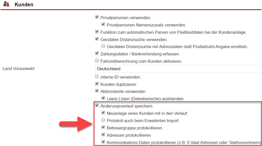 Screenshot Fenster Systemeinstellungen beim Kunden mit den markierten Optionen für die Speicherung des Änderungsverlaufs