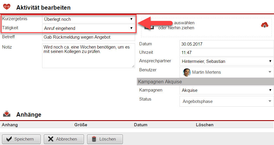 Screenshot Anlagemaske einer Aktivität mit Markierung bei den neuen Eintragungsfeldern "Kurzergebnis" und "Tätigkeit"