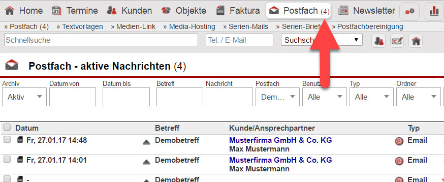 Screenshot AkquiseManager-Postfachfenster mit Markierung beim Menüpunkt Postfach und dahinter stehender Anzahl eingegangener E-Mails