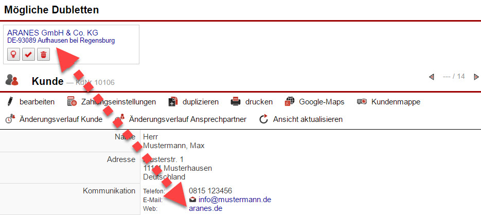 Screenshot Stammdatenansicht mit angezeigter möglicher Dublette auf Basis des Webadressenabgleichs