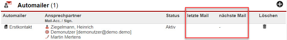 Screenshot Anzeigebereich "Automailer" innerhalb einer Stammdatenansicht mit Markierung der Felder "letzte Mail" und "nächste Mail"