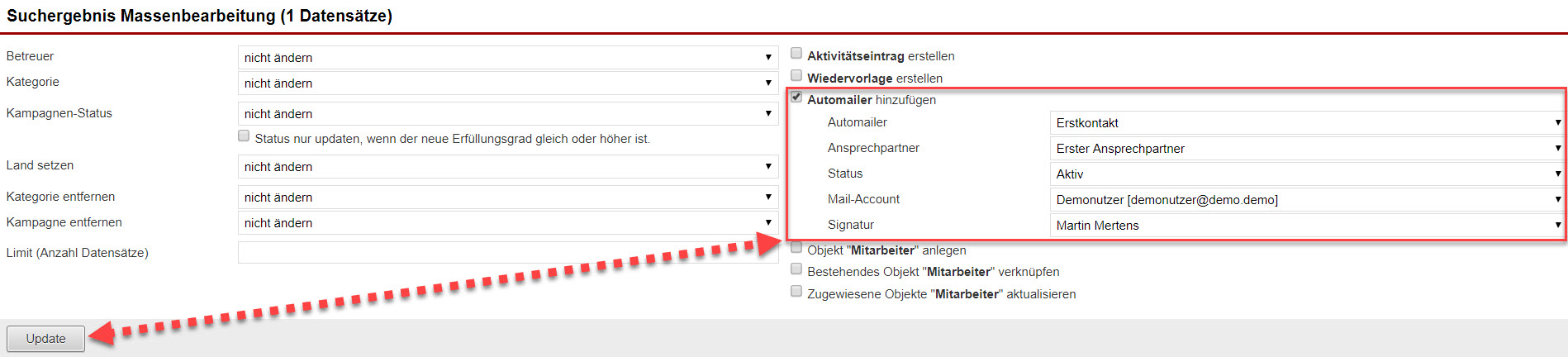 Screenshot Fenster Massenbearbeitung mit Markierung des Bereichs "Automailer" und des Update-Buttons