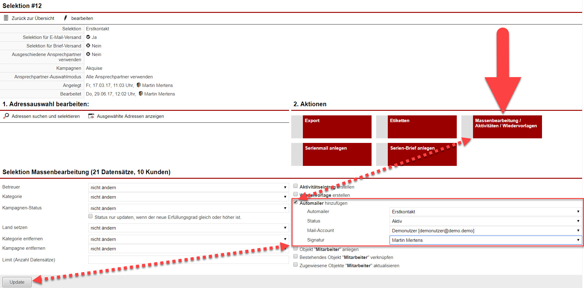 Screenshot Maske zur Bearbeitung einer Suchselektion mit Markierungen auf dem Button "Massenbearbeitung/ Aktivitäten/ Wiedervorlagen", dem Bereich "Automailer" und dem Button "Update"
