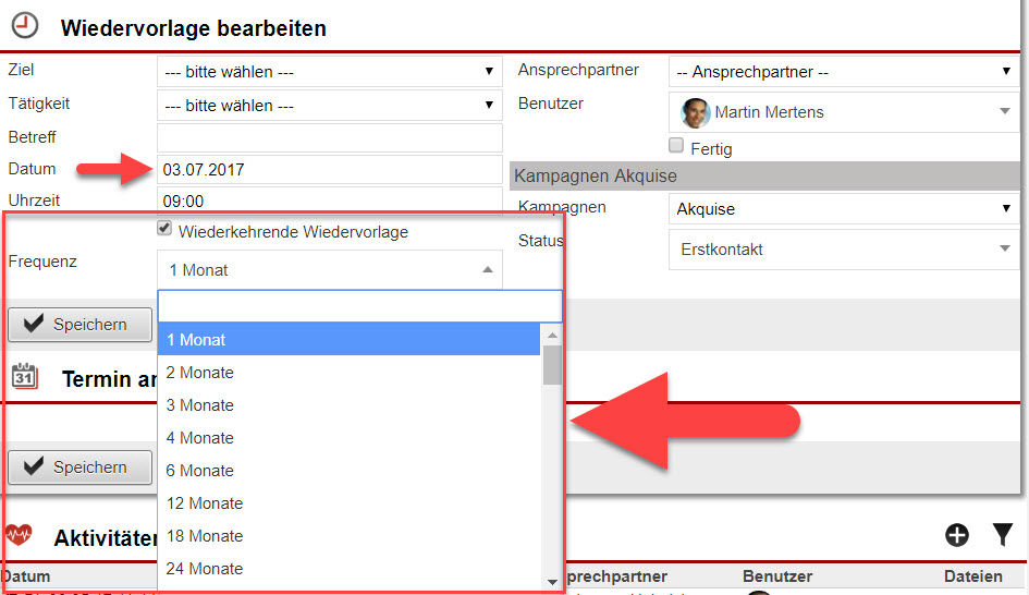 Screenshot Fenster zur Anlage einer Wiedervorlage mit Markierungen bei den Eingabefeldern "Datum" und "Wiederkehrende Wiedervorlage"