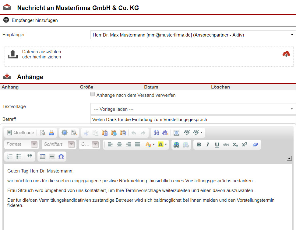 Screenshot E-Mail-Anlagefenster mit Textbestandteilen, die automatisiert aus einem Objekt übernommen wurden