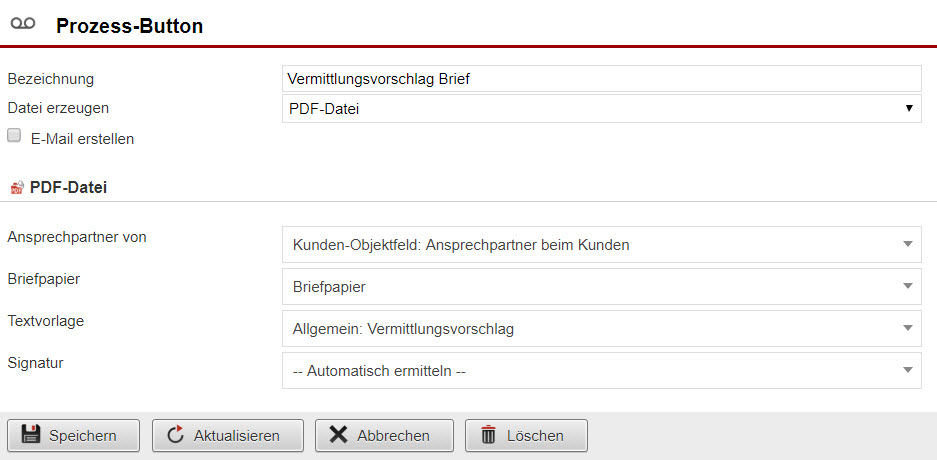 Screenshot Anlagemaske eines Prozess-Buttons zum Generieren von PDFs