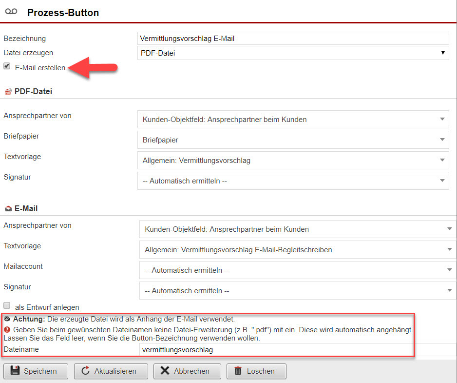 Screenshot zur Anlage von Prozess-Buttons zum Erstellen von E-Mails mit PDF-Anhängen mit Markierungen an verschiedenen Stellen