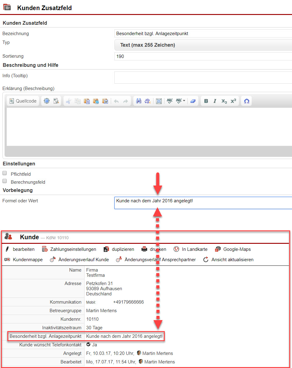Screenshots Fenster Zusatzfeldanlage mit Eintrag im Feld "Vorbelegung Formel oder Wert" und dessen Ergebnis in der der Stammdatenansicht einer neu angelegten Kundenkartei.