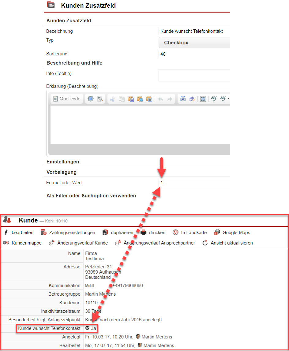 Screenshots Fenster Zusatzfeldanlage mit Eintrag im Feld "Vorbelegung Formel oder Wert" und dessen Ergebnis in der der Stammdatenansicht einer neu angelegten Kundenkartei.