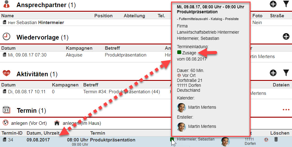 Screenshot Kundenstammdatenansicht mit Anzeige und Markierung eines zugesagten Termins