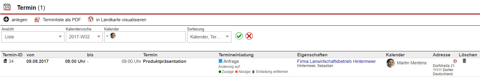 Screenshot Terminliste mit einem Termin mit Status "Anfrage" darin