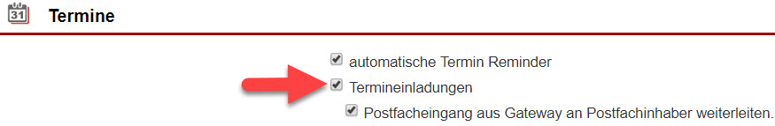 Screenshot Einstellungsmenü Termine mit Markierung auf Option zur Aktivierung von Termineinladungen