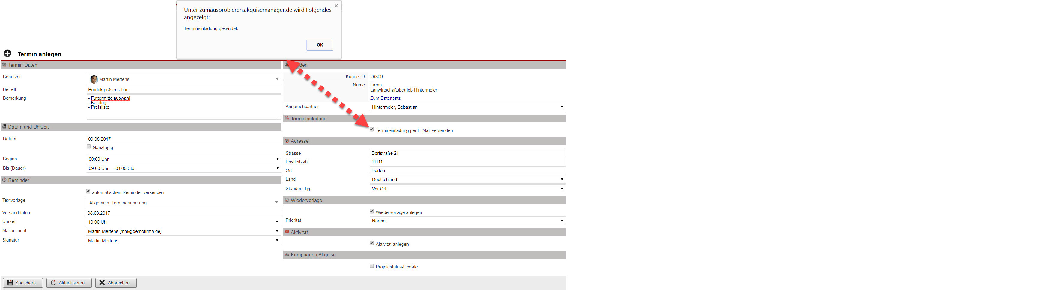 Screenshot Maske zur Terminanlage mit aktivierter Termineinladungsfunktion und dies bestätigender Infobox