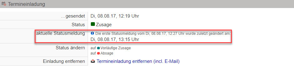 Screenshot Anzeige des Termineinladungsstatus mit Markierung auf dem Hinweis bezüglich einer stattgefundenen Änderung des Gegenübers